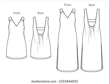 Vector maxi dress with gathering technical drawing, long summer dress fashion CAD, woman sleeveless V-neck mini dress sketch, template, flat.  Jersey or woven fabric dress with front, back view, white