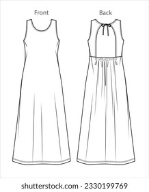 Vector maxi vestido con dibujo técnico abierto, largo estilo de vestido de verano CAD, vestido de mujer sin mangas con boceto de cuello redondo, plantilla, plano. Ropa de tela Jersey o trenzada con vista frontal y posterior