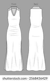 Vector maxi dress with polo neck technical drawing, woman halter V-neck long slip dress fashion CAD, sketch, template, flat. Jersey, rib or woven fabric dress with front, back view, white color