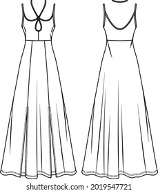 Vector maxi dress with shoulder straps technical drawing, woman dress with side slits and loop fashion CAD, sketch, template, flat. Jersey or woven fabric dress with front, back view, white color