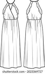 Vector Maxi Dress With Shoulder Straps Technical Drawing, Woman Wrap Dress With Side Slits And Frill Fashion CAD, Sketch, Template, Flat. Jersey Or Woven Fabric Dress With Front, Back View,white Color