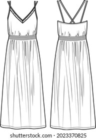 Vector maxi dress with shoulder straps technical drawing, woman V-neck dress with smocking in waist fashion CAD, sketch, template, flat. Jersey or woven fabric dress with front, back view, white color