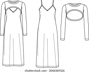 Vector maxi dress with shoulder straps technical drawing, woman slip dress with long sleeved bolero fashion CAD, sketch, template, flat. Jersey or woven fabric dress with front, back view, white color