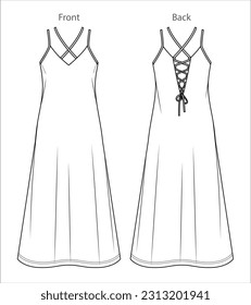 Vector maxi dress with shoulder straps technical drawing, woman V-neck slip dress with opened back fashion CAD, sketch, template, flat. Jersey or woven fabric dress with front, back view, white color