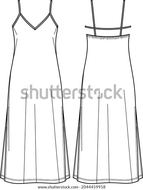 Vector maxi dress with shoulder straps technical\
drawing, woman V-neck slip dress with opened back fashion CAD,\
sketch, template, flat. Jersey or woven fabric dress with front,\
back view, white color