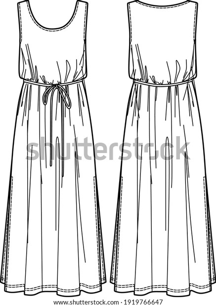 Vector maxi dress with side slits technical
drawing, long summer dress fashion CAD, woman sleeveless dress with
round neck sketch, template. Jersey or woven fabric dress with
front, back view, white