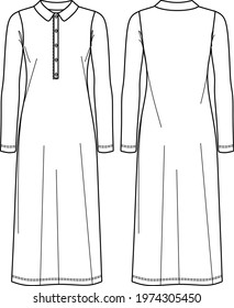 Vector maxi dress sketch, long sleeved with polo neck dress technical drawing, fashionable women CAD, flat. Jersey or woven fabric long dress with front, back view, white