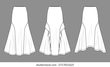 Falda drapeada de Vector maxi de cintura alta fashion CAD, falda acampanada entallada de mujer con volante y dobladillo asimétrico dibujo técnico, Plantilla, plana, boceto. 3 piezas conjunto de falda de tela tejida de satén con vista frontal, color blanco