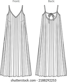 Vector maxi plisse dress fashion CAD, woman flared strapless long dress technical drawing, template, sketch, flat, mock up. Jersey or woven fabric summer midi dress with front, back view, white color