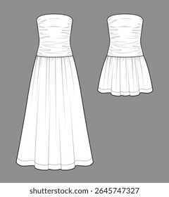 Vector maxi strapless flare hem dress fashion CAD, flare woman skirt with gathering detail sketch, template, flat, technical drawing. Woven fabric 2 pcs set of dress with front view in white color