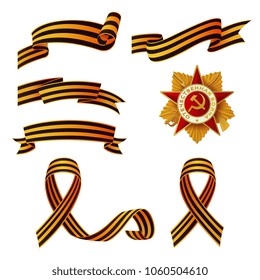 Vector May 9 Victory day, Russian traditional holiday George Ribbons, patrioric war star medal icon set. Elements for greeting card decoration. Isolated illustration on a white background