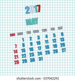 Vector May Calendar Icon with colorful ingredients on graph like background.