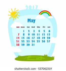 Vector May Calendar Icon with sky, rainbow, clouds and sun background.