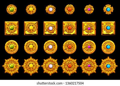 Vector Maya icons. American aztec, mayan culture golden symbols.