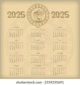 Vector Mayan calendar. 2025 calendar planner set for template corporate design week start on Monday.