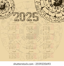 Vector Mayan calendar. 2025 calendar planner set for template corporate design week start on Monday.