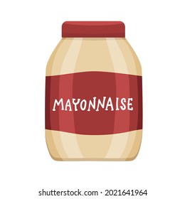Vector mayonnaise, canned container with white pale mayonnaise , label, glass pot with provencal sauce close-up on white background. flat