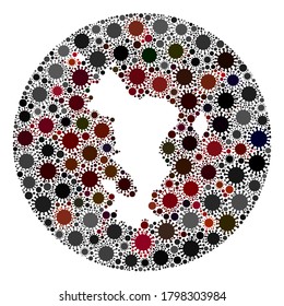 Vector Mayotte Islands map collage of SARS virus. Infection attacks the quarantine territory from external zone. Hole round Mayotte Islands map collage created with infection icons.