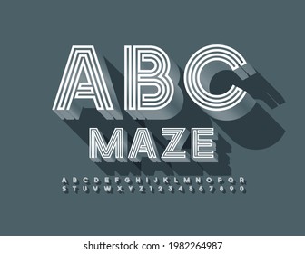 Alfabeto de Maze vectorial. Fuente 3D creativa. Conjunto de letras y números modernos isométricos