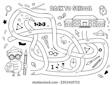 Libro de colores sobre el laberinto vectorial aislado en fondo blanco. Ayudar al búho a llegar a la escuela. El laberinto del juego de lógica educativa para los niños. Con la solución.
