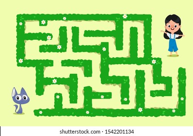 Vector maze game with cat and and her friend little girl. They should find each other. Vector