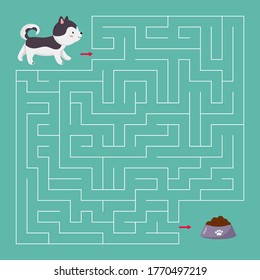 Vector maze game for children. Cute cartoon Siberian Husky dog finds right way to bowl. Dog food. Activity worksheet for preschool kids.