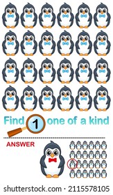 Juego de Maze vectorial para la educación infantil. Encuentra uno de los tipos. Pingüino cutáneo