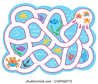 Vector maze game for children. Help the crab collect the fish and get to the crab. Logic puzzle game. Activity  Worksheet for kids learning forms