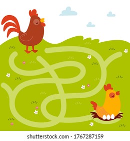 Vector Maze Game with farm animals. Tangled Road in the Field.Help father rooster to find his mother hen. 