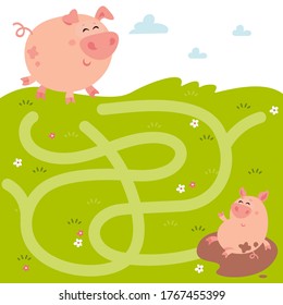 Vector Maze Game with farm animals. Tangled Road in the Field. Help mother pig to find her baby piglet. 