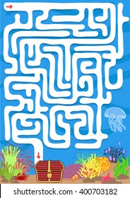 Vector maze game with find treasure underwater