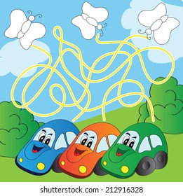 Vector maze game with funny cars - find way and paint a butterfly in the appropriate color