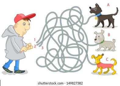 Vector Maze Game: Funny Man Try to Find Tangled Dog's Leashes. Vector Illustration for Kids