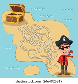Vector maze game, funny pirate tries to find a treasure box in the desert