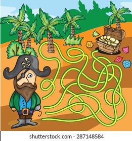 Vector Maze Game - Funny Pirate Try to Find Treasure Box in the desert