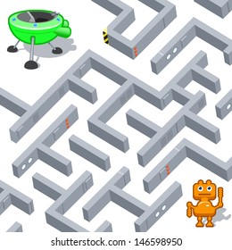 Vector Maze Game: Funny Robot Find the Way to his Spaceship