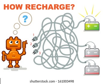 Vector Maze Game: Funny Robot Need Recharge his Battery. Help for him Understand where is Available Cable.