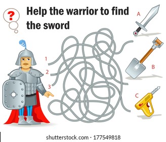 Vector Maze Game: Funny Warrior Try to Find the Sword. Vector Illustration with Cartoon Knight
