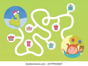 Vector maze game with gift. Gift for a child for New Year, Christmas. EPS10
