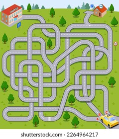 Juego de Maze vectorial: Ayude al taxista a elegir el camino correcto al hotel. Pruebe A, B o C.