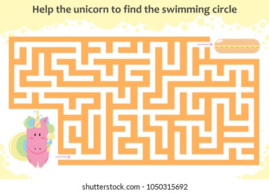 Vector maze game. Help the unicorn to find the swimming circle. Children educational game