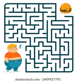 Vector Maze game for kids. A cartoon fat boy is trying to get to a sandwich through a maze. Funny puzzle game for kids.