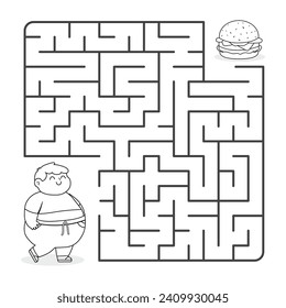 Vector Maze game for kids. Coloring book. A cartoon fat boy is trying to get to a sandwich through a maze. Funny puzzle game for kids.