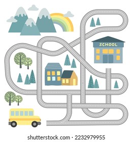 Vector maze game for kids with vehicles and tangled road. Help school bus find path to school. Labyrinth back to school