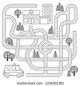 Vector maze game for kids with vehicles and tangled road. Help school bus find path to school. Labyrinth back to school. Coloring book page