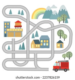 Vector maze game for kids with vehicles and tangled road. Labyrinth help the fire truck to reach the station