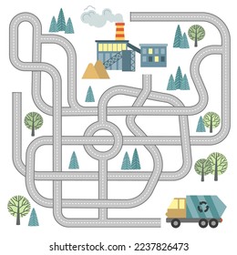 Vector maze game for kids with vehicles and tangled road. Help the garbage truck to reach recycle plant