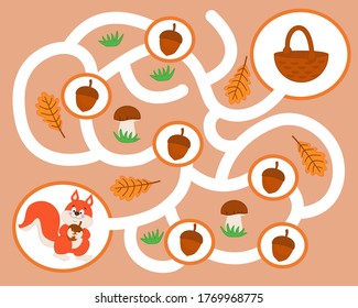 Vector maze game for preschool children. Learn count. Help the squirrel collect nuts in a basket. Logic puzzle game. Activity  Worksheet for kids learning forms