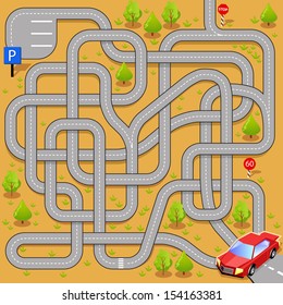 Vector Maze Game: Red Car Find the Way to new Parking. Tangled Roads