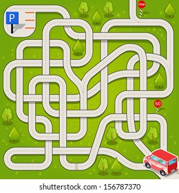 Vector Maze Game with Red Car and Complicated Way to the Parking. Tangled Road in the Forest